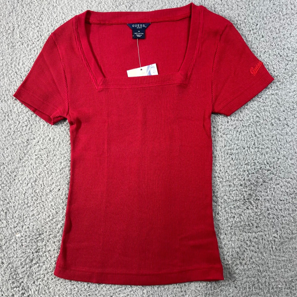 Guess Ribbed Knit Top Juniors M Red Square Neck‎ Short Sleeve VTG NWT